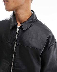 DESIGN oversized real leather cropped coach jacket black