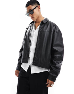 DESIGN oversized real leather cropped coach jacket black