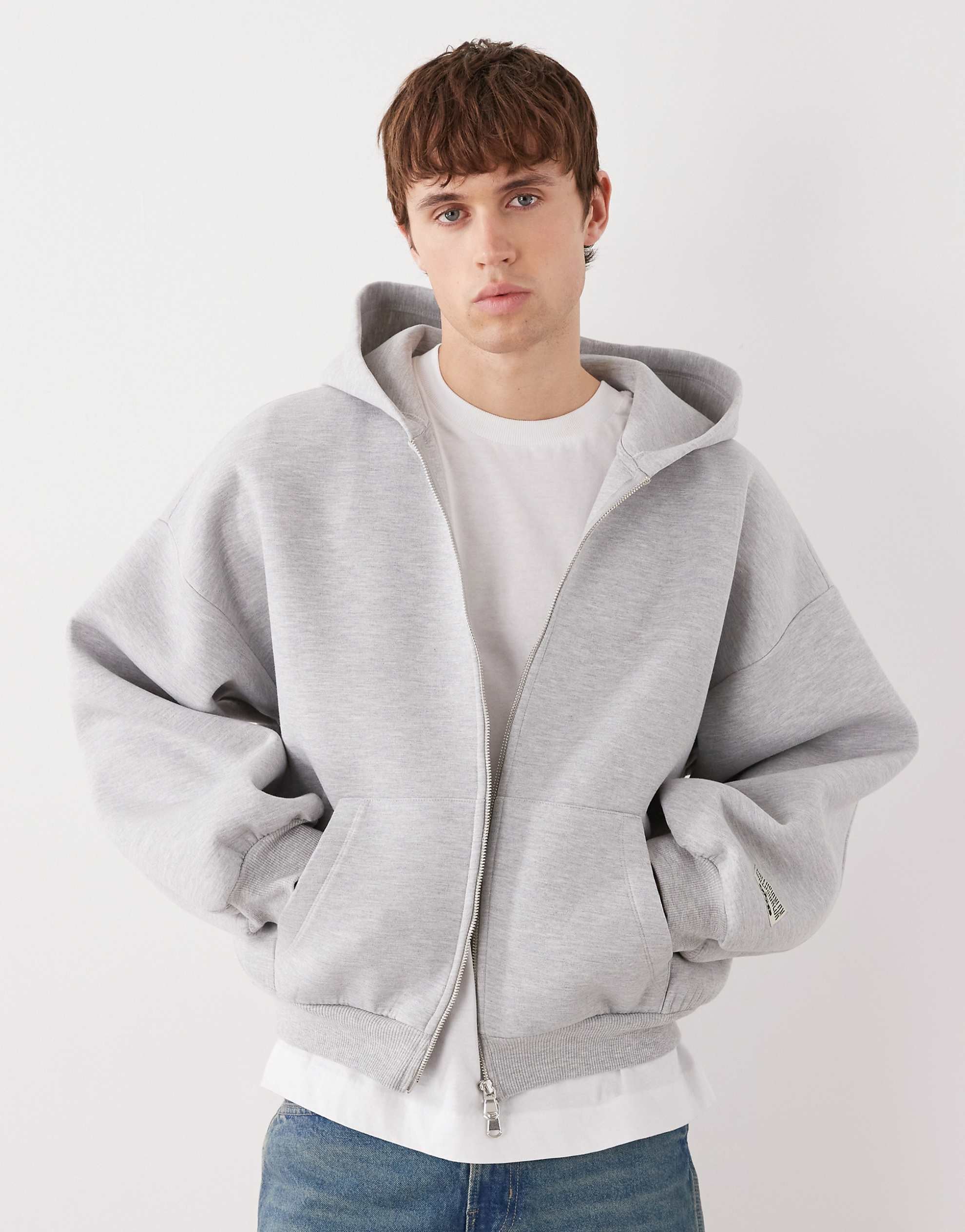 COLLUSION zip through heavyweight boxy hoodie grey