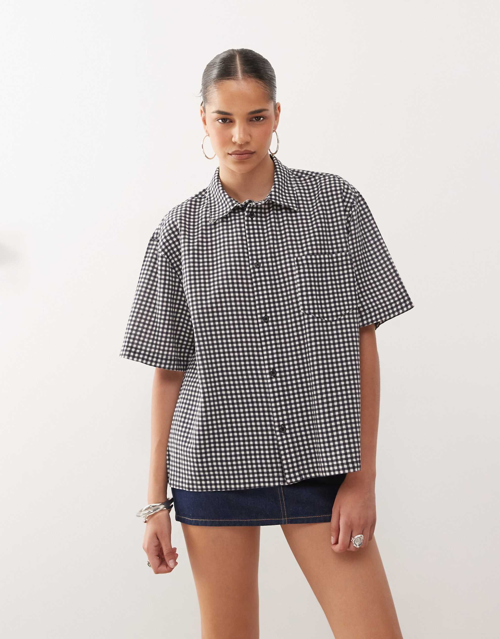 COLLUSION boxy woven shirt black white gingham