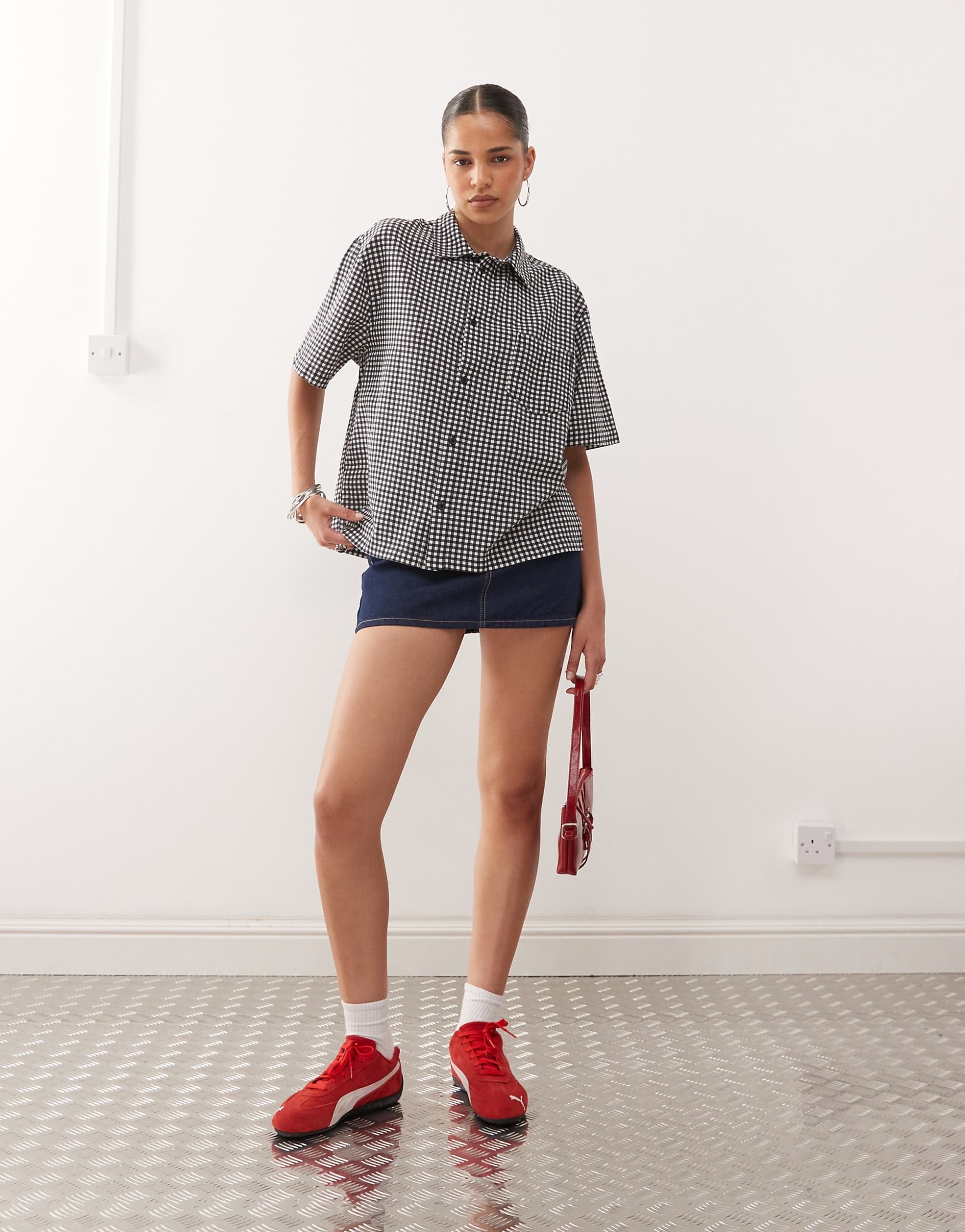COLLUSION boxy woven shirt black white gingham