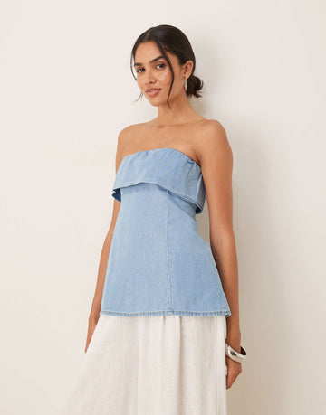 DESIGN denim fold over bandeau top light blue