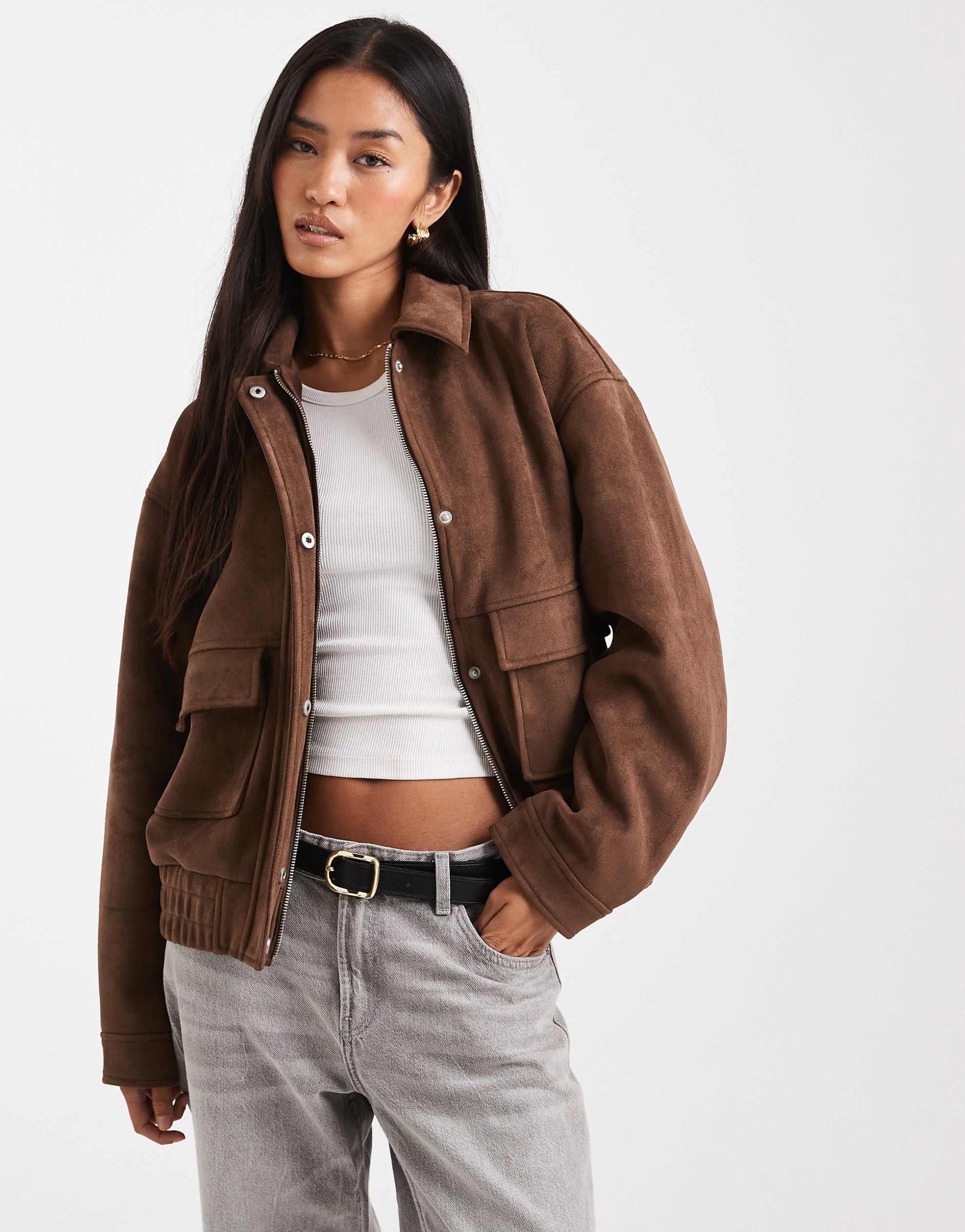 Miss Selfridge faux suede bomber jacket chocolate
