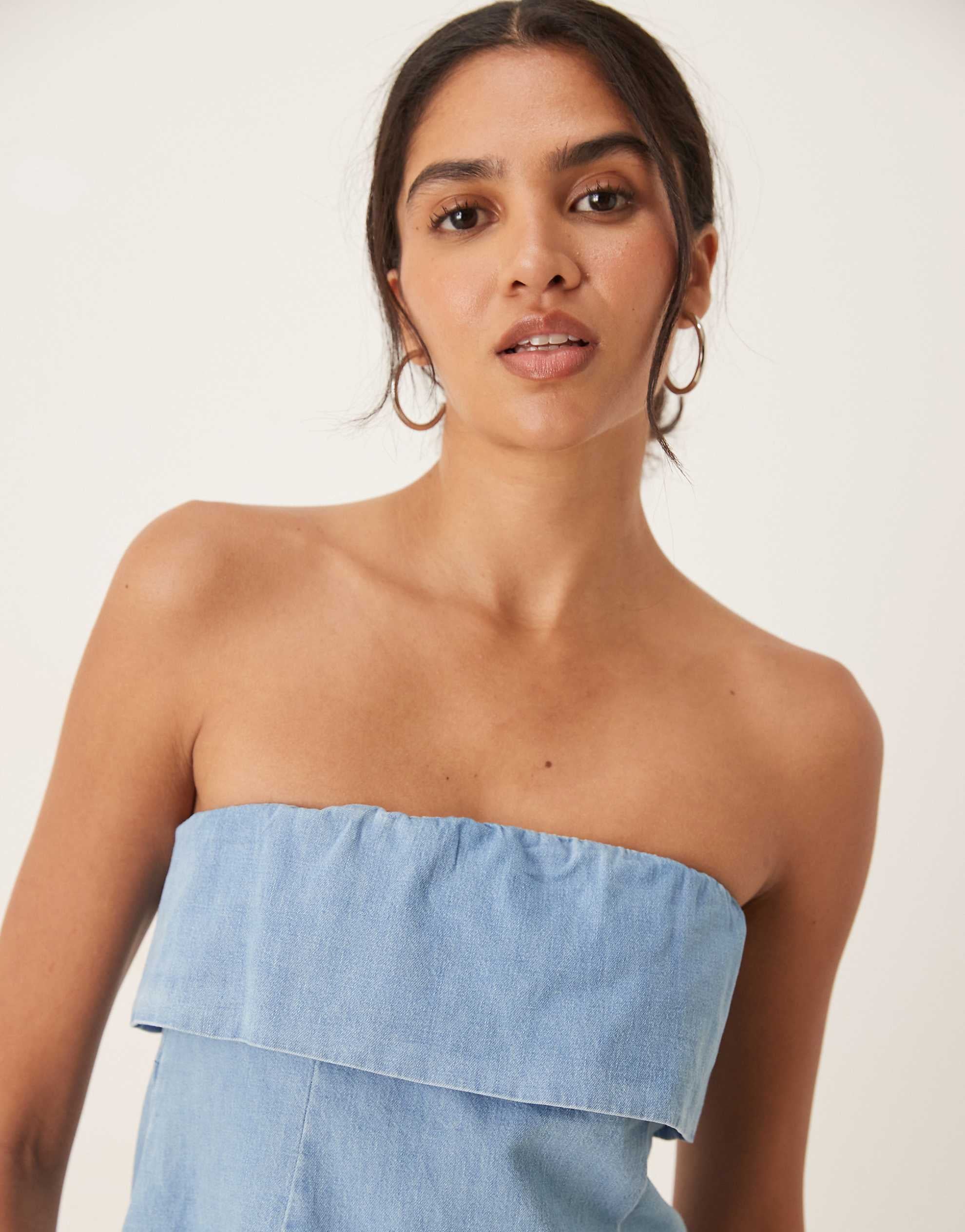 DESIGN denim fold over bandeau top light blue