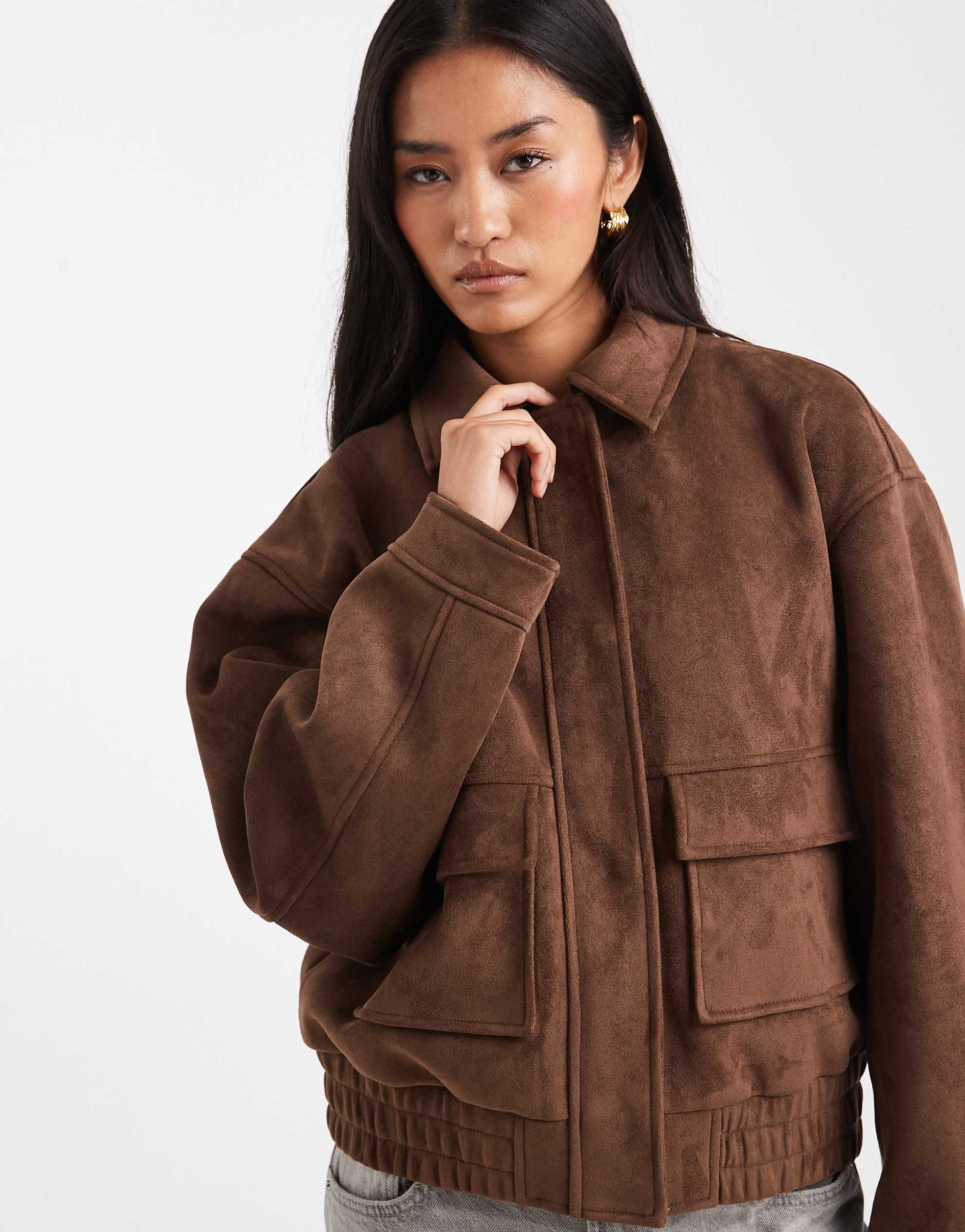 Miss Selfridge faux suede bomber jacket chocolate