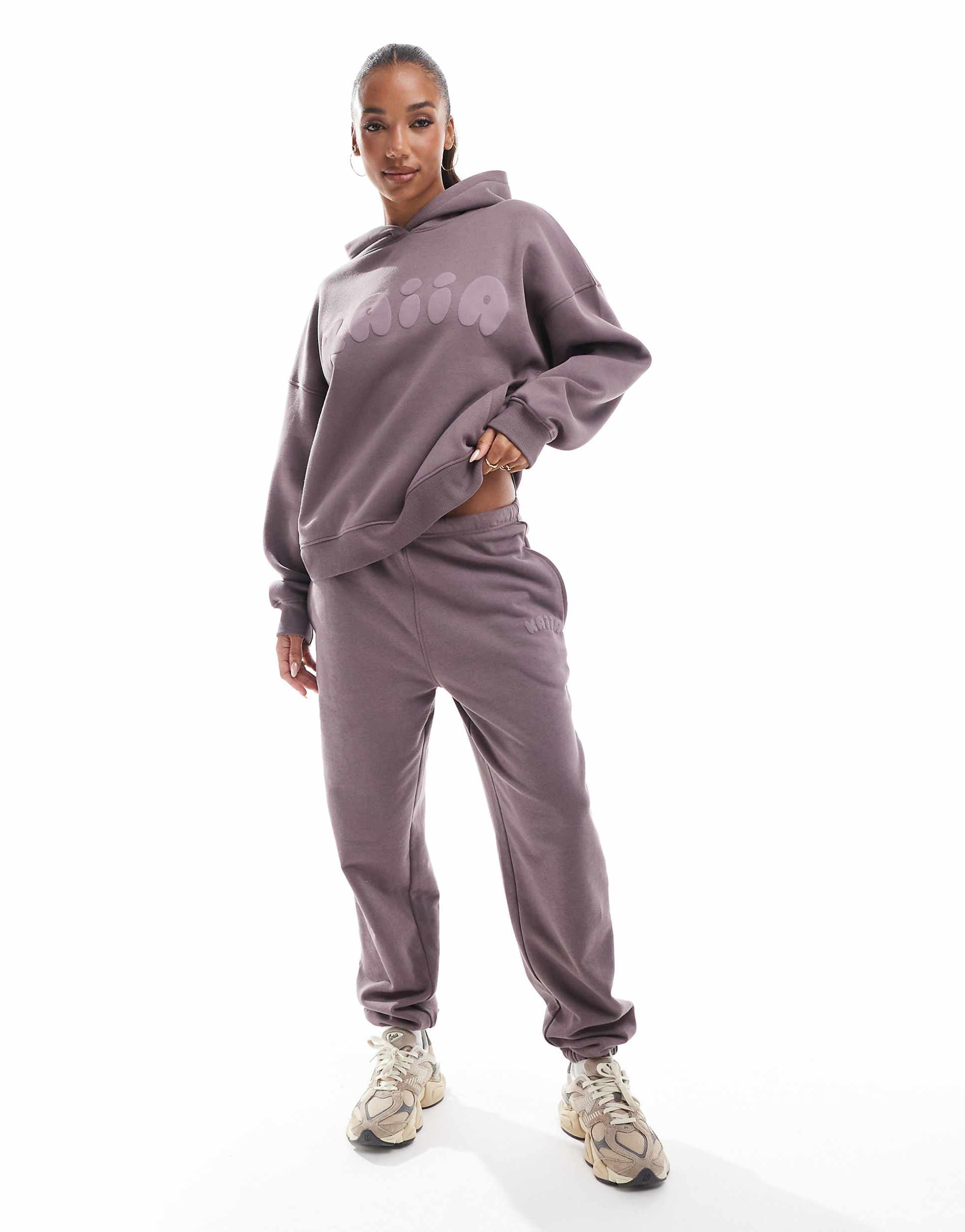Kaiia cropped long sleeve top, hoodie & joggers co-ord purple
