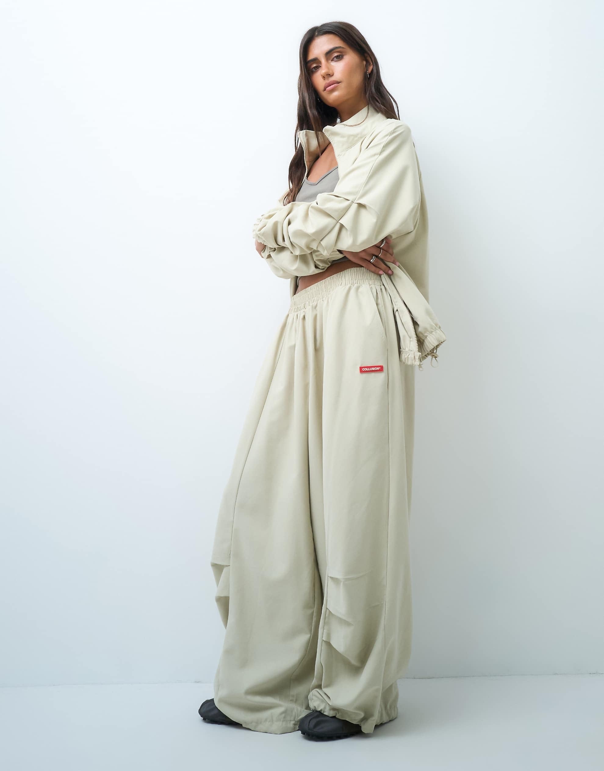 COLLUSION xl nylon jogger and track jacket co-ord stone