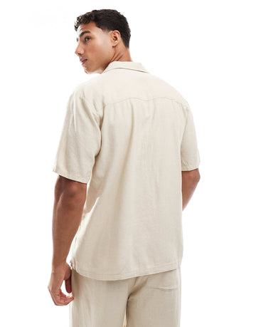 New Look double pocket boxy linen-blend shirt short co-ord stone