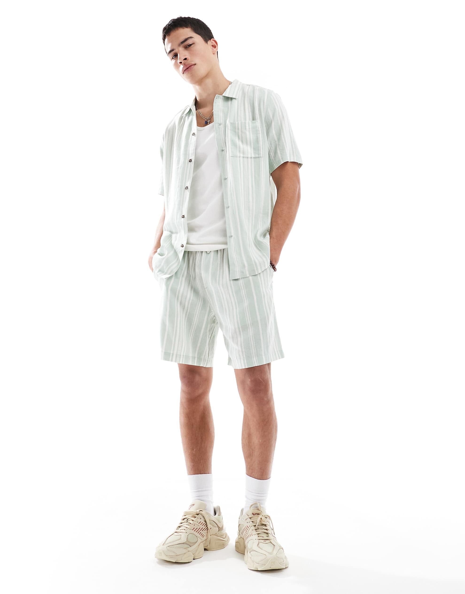 New Look linen-blend stripe co-ord green
