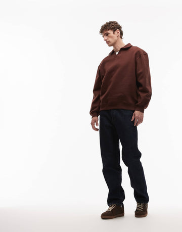 DESIGN oversized heavyweight 400gsm notch neck polo sweatshirt dark brown