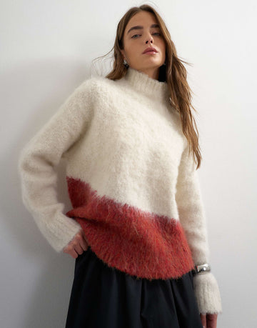 Knitted high neck hairy oversized abstract jumper neutral