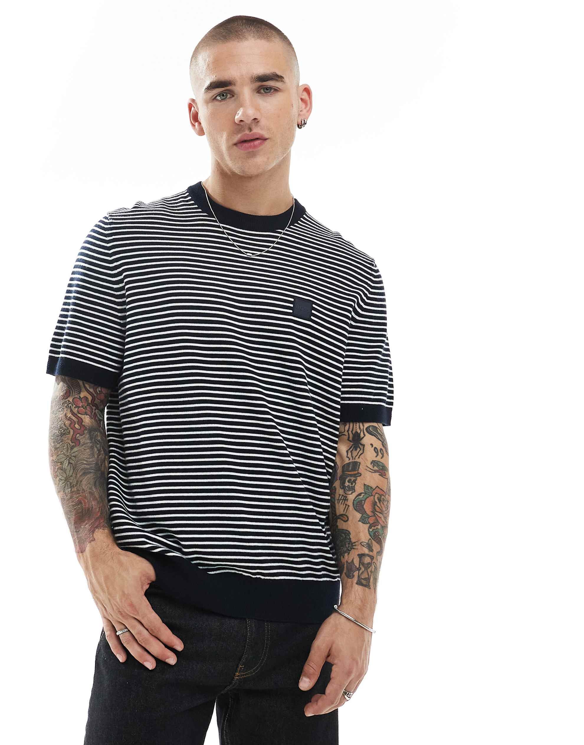 BOSS Orange Kanache stripe relaxed fit knit t-shirt navy