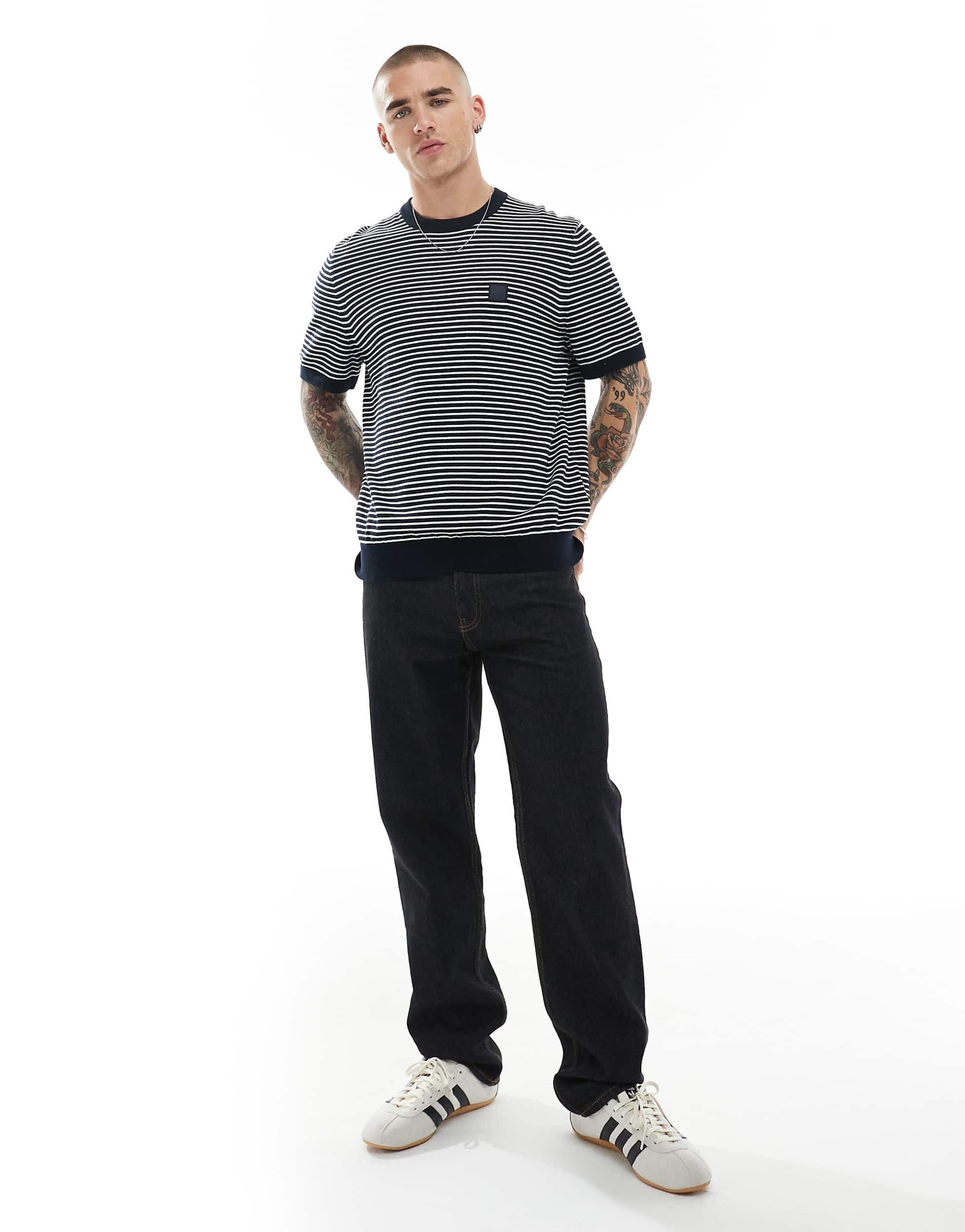 BOSS Orange Kanache stripe relaxed fit knit t-shirt navy