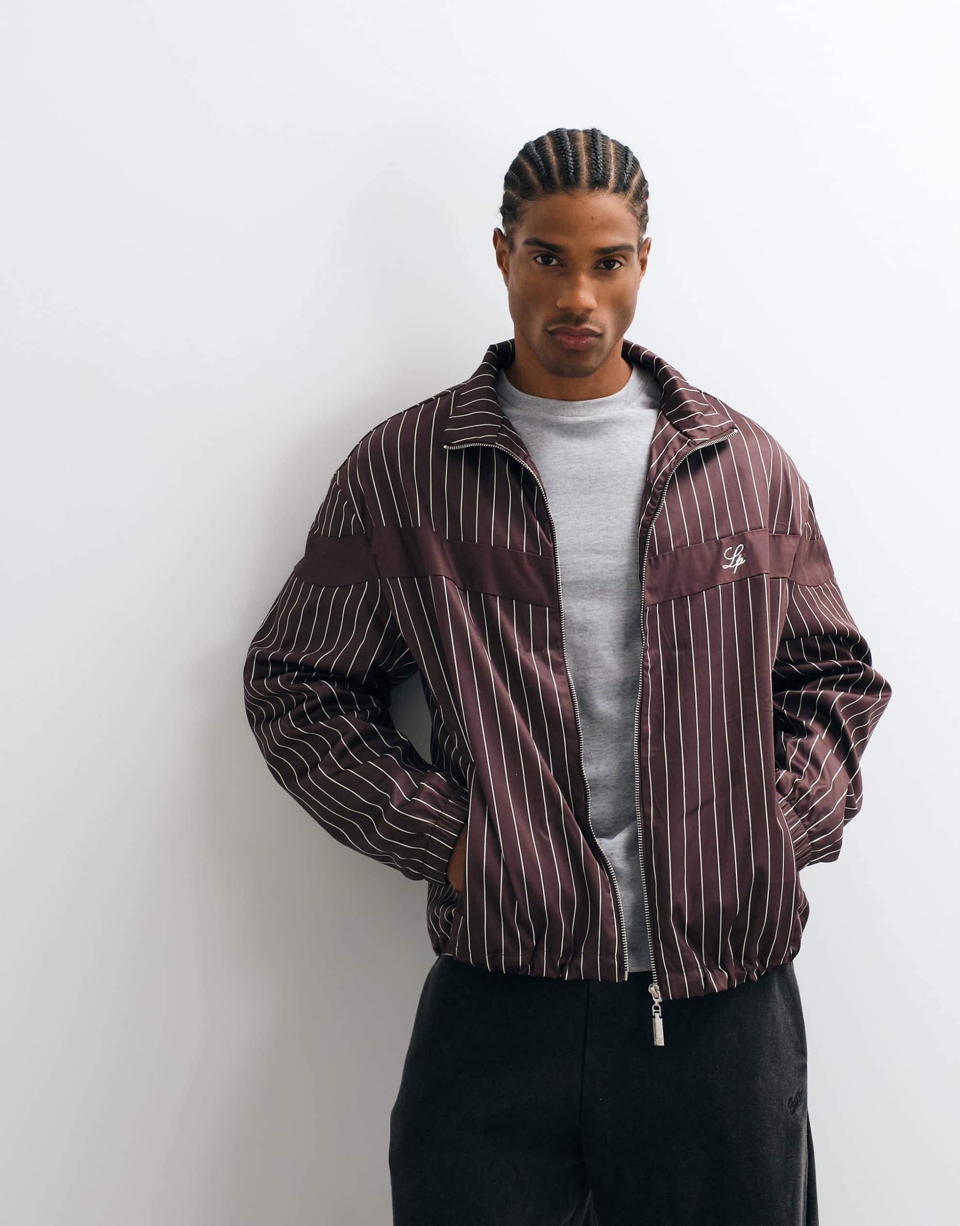 Liquor N Poker boxy pinstripe track jacket chocolate brown