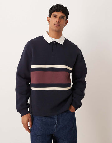 DESIGN relaxed rugby polo sweatshirt with cut & sew panel navy