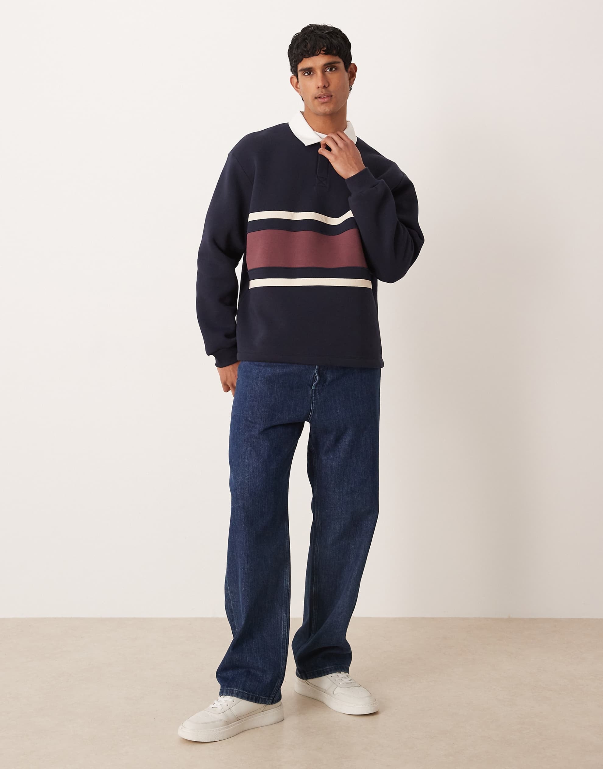 DESIGN relaxed rugby polo sweatshirt with cut & sew panel navy