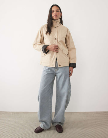 New Look contrast faux leather collar barn jacket stone