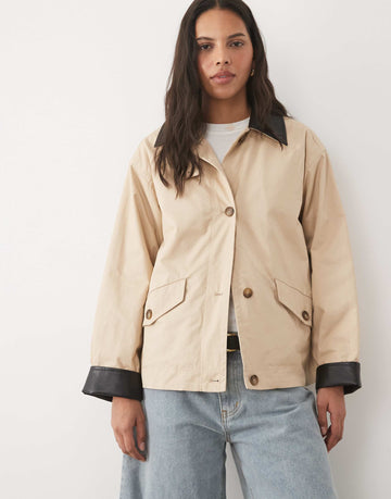 New Look contrast faux leather collar barn jacket stone