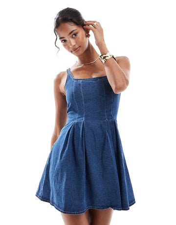 DESIGN denim button front mini dress mid blue