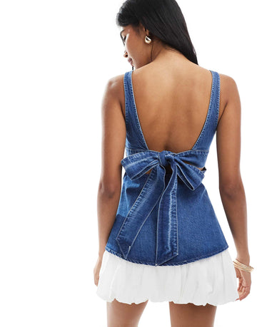 DESIGN denim peplum top bow back detail mid blue