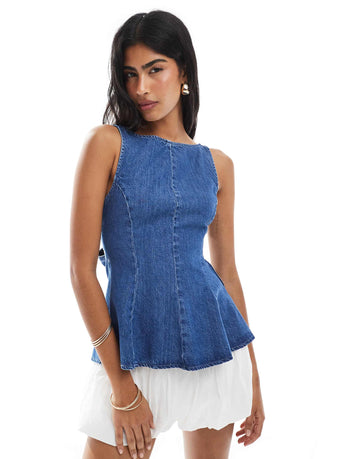 DESIGN denim peplum top bow back detail mid blue