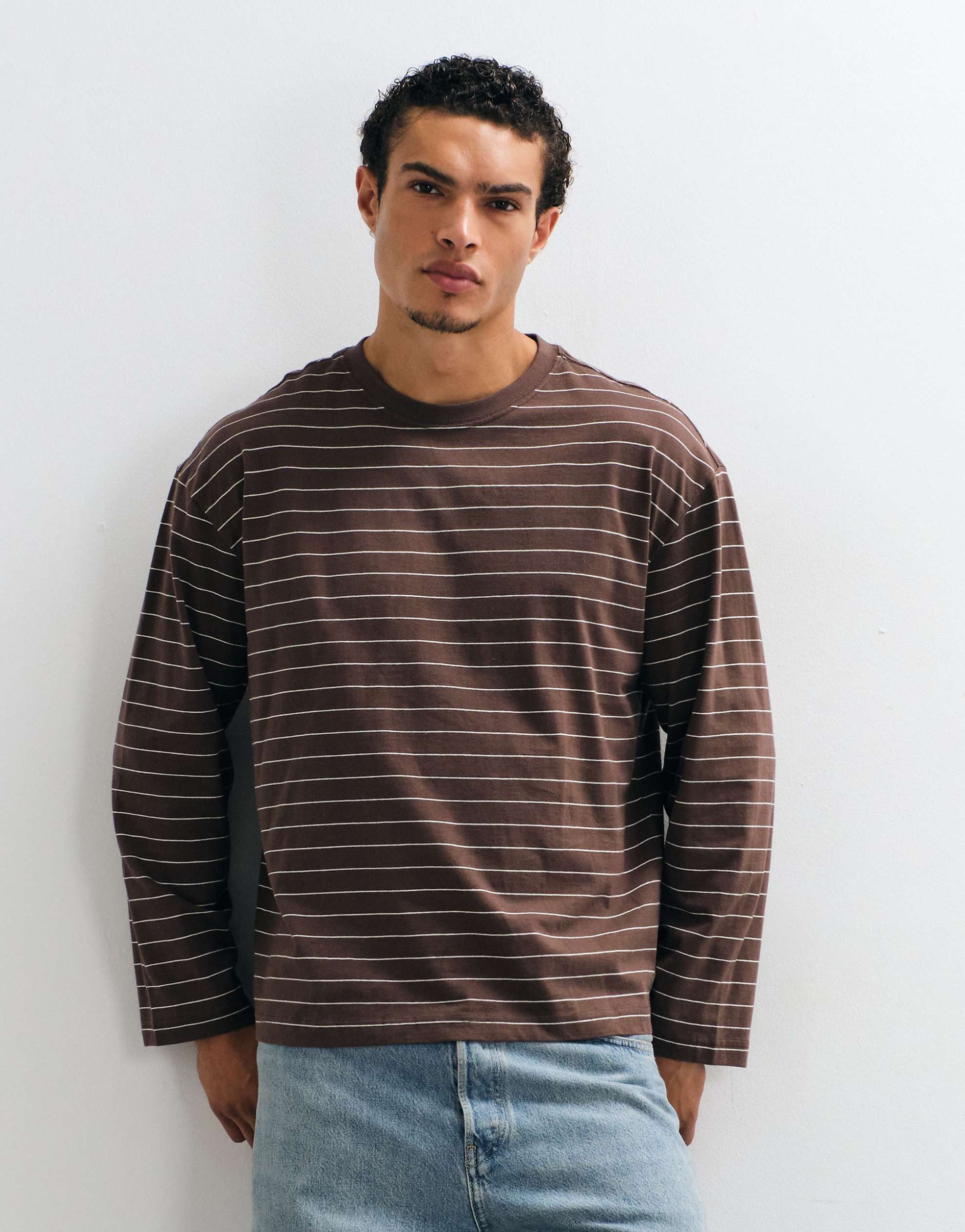 Cotton On cropped fit long sleeve tee in espresso & oat stripe.