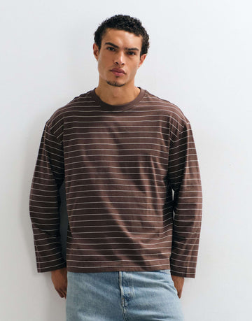 Cotton On cropped fit long sleeve tee in espresso & oat stripe.