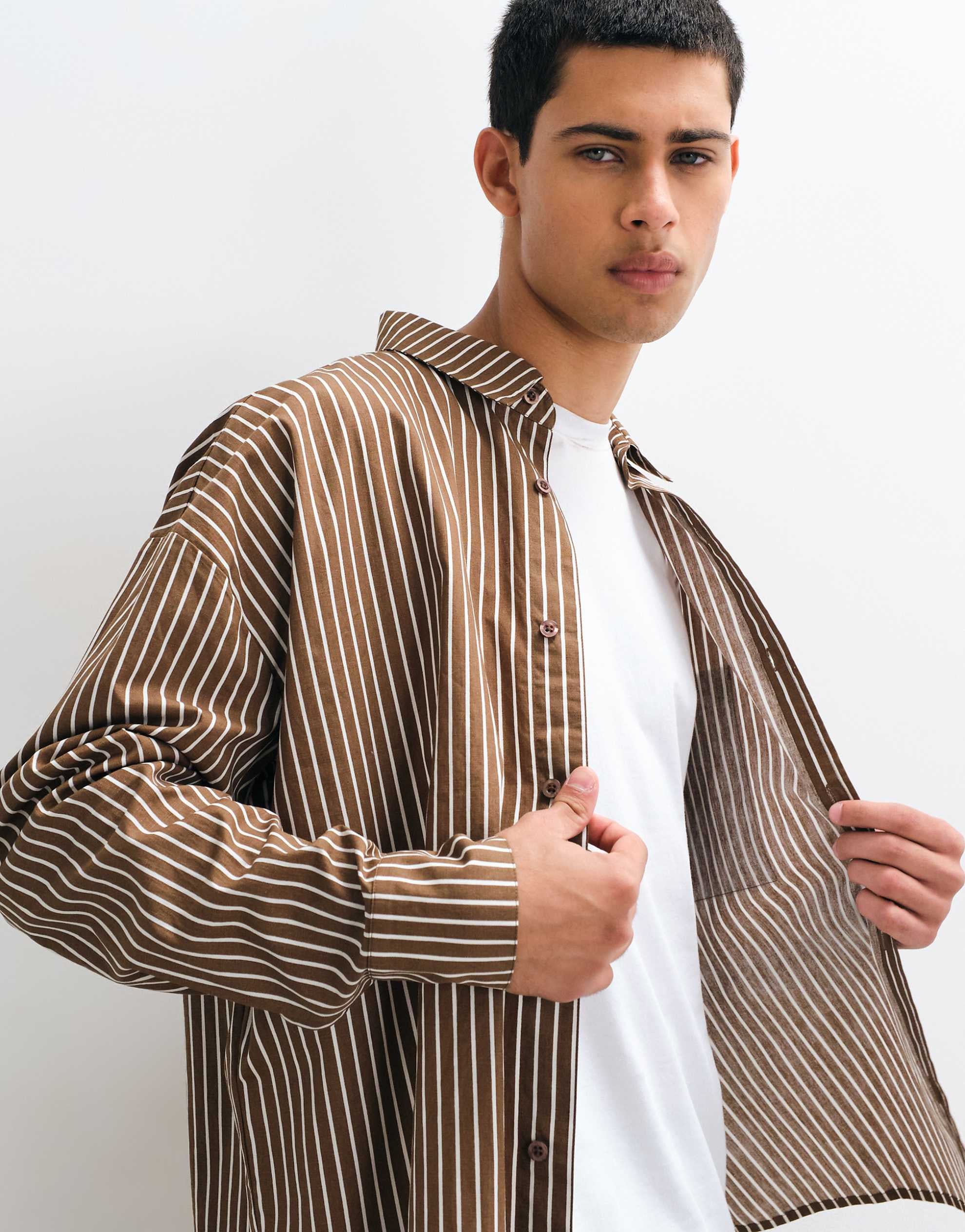 Reclaimed Vintage long sleeve crop boxy shirt brown pinstripe