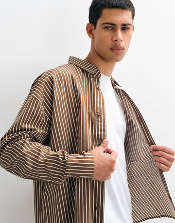 Reclaimed Vintage long sleeve crop boxy shirt brown pinstripe