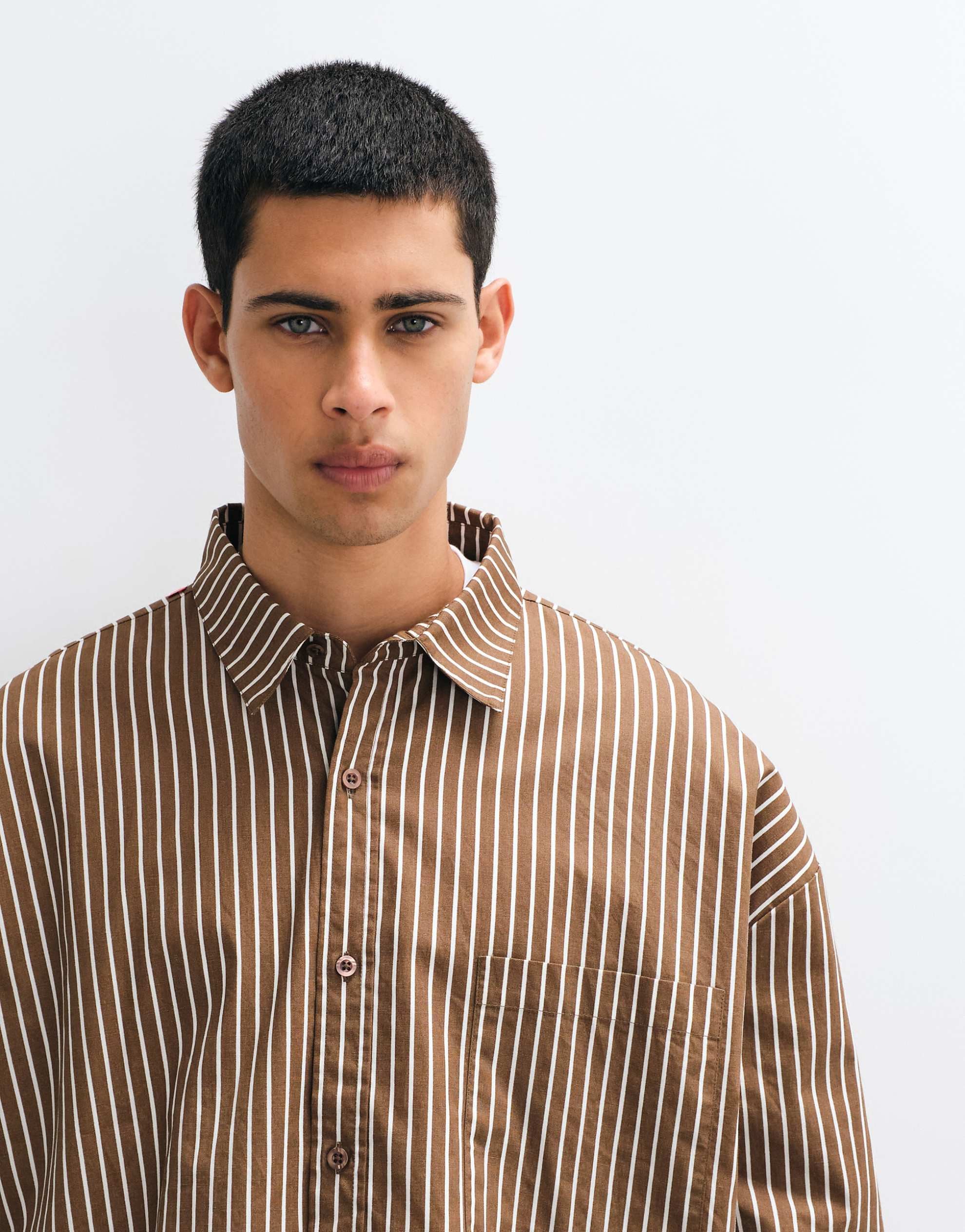 Reclaimed Vintage long sleeve crop boxy shirt brown pinstripe