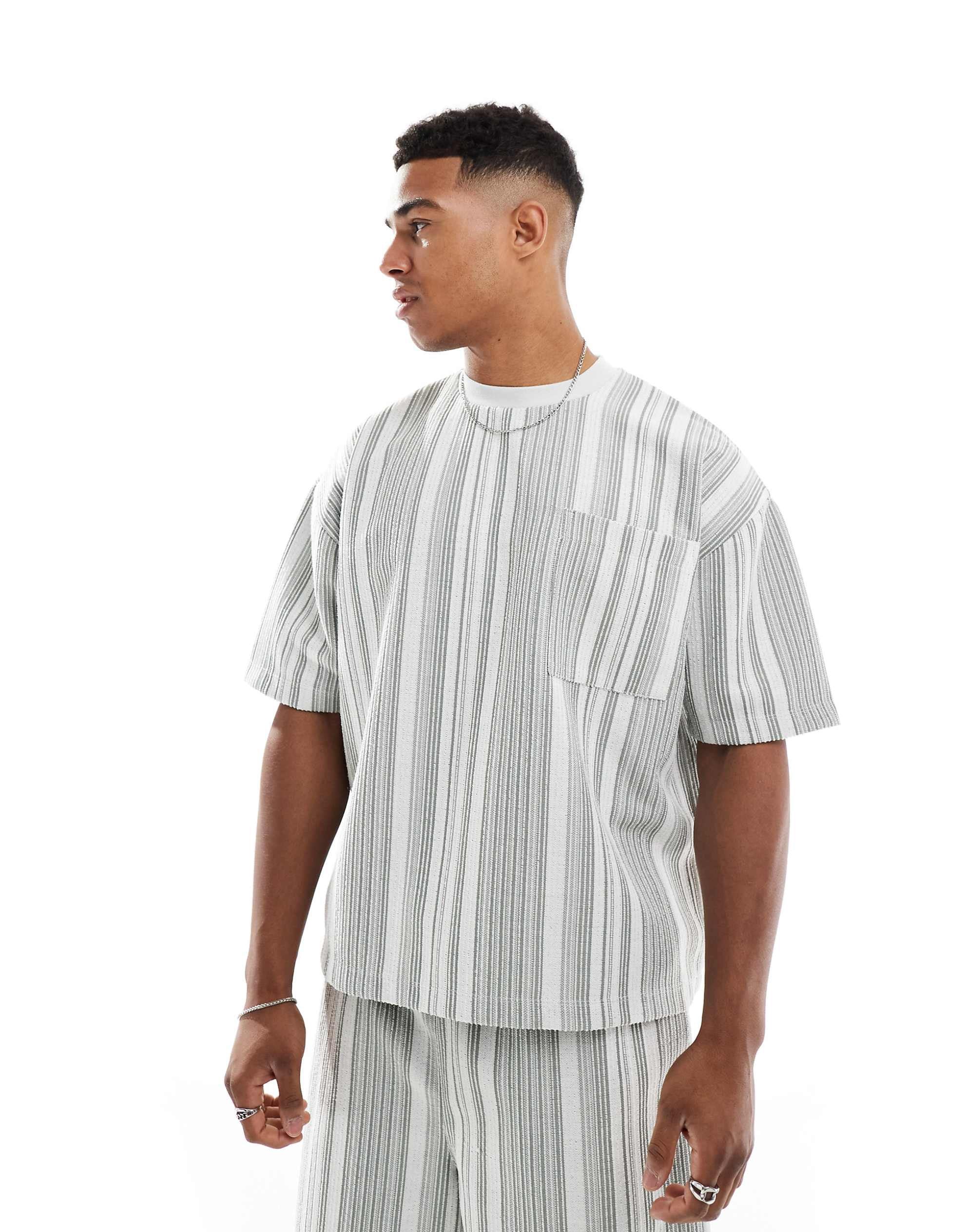 DESIGN co-ord boxy oversized t-shirt pocket textured stripe