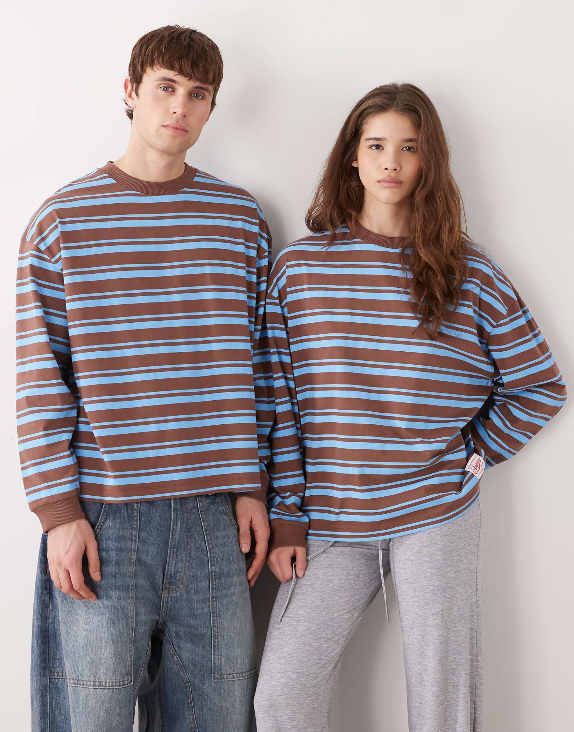 COLLUSION Unisex boxy stripe t-shirt in brown blue