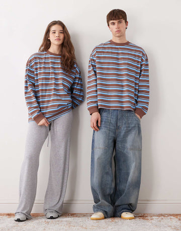 COLLUSION Unisex boxy stripe t-shirt in brown blue