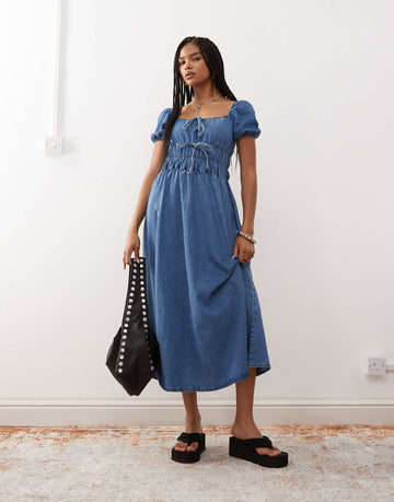Reclaimed Vintage chambray denim midi dress shirring details mid blue