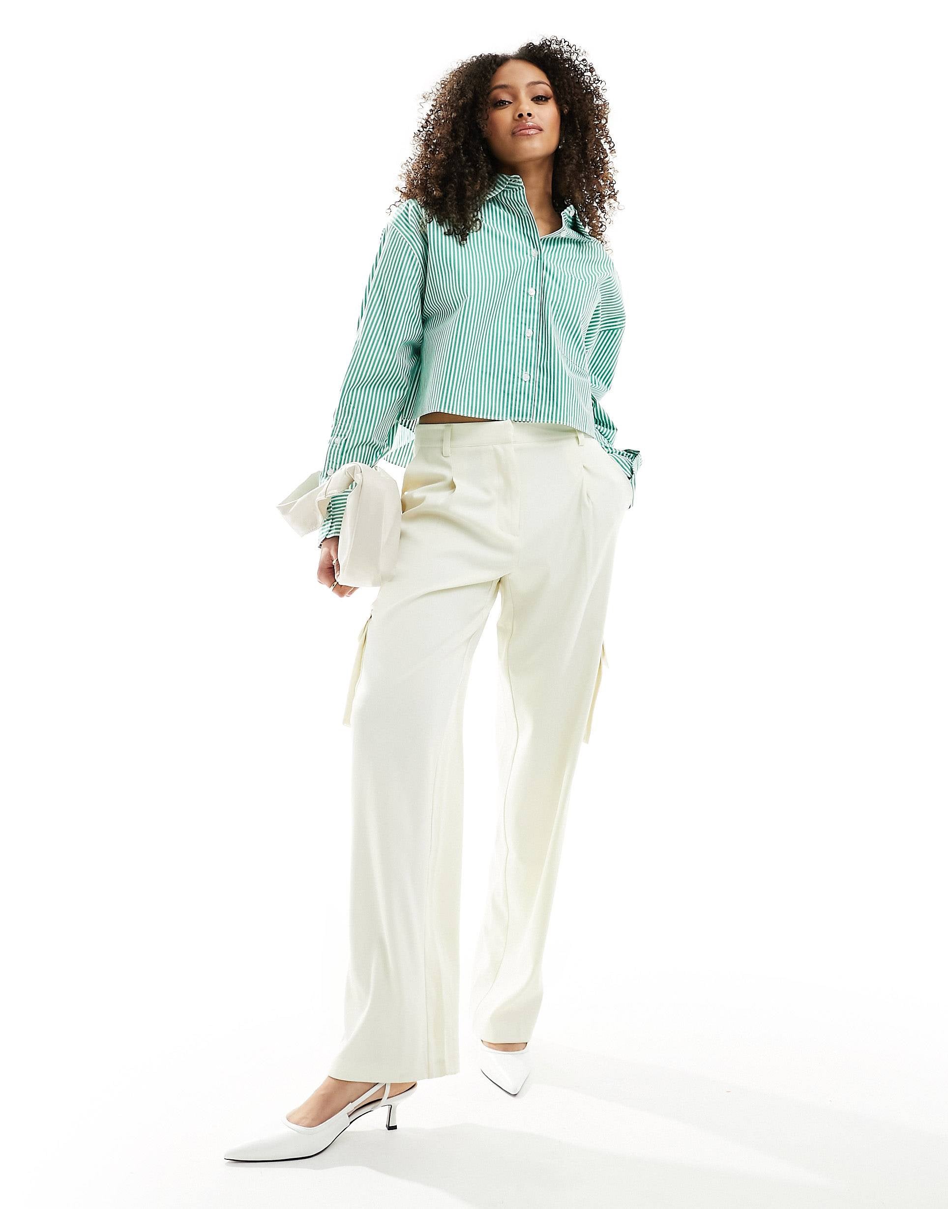 French Connection Alissa striped cropped shirt green cream stripe