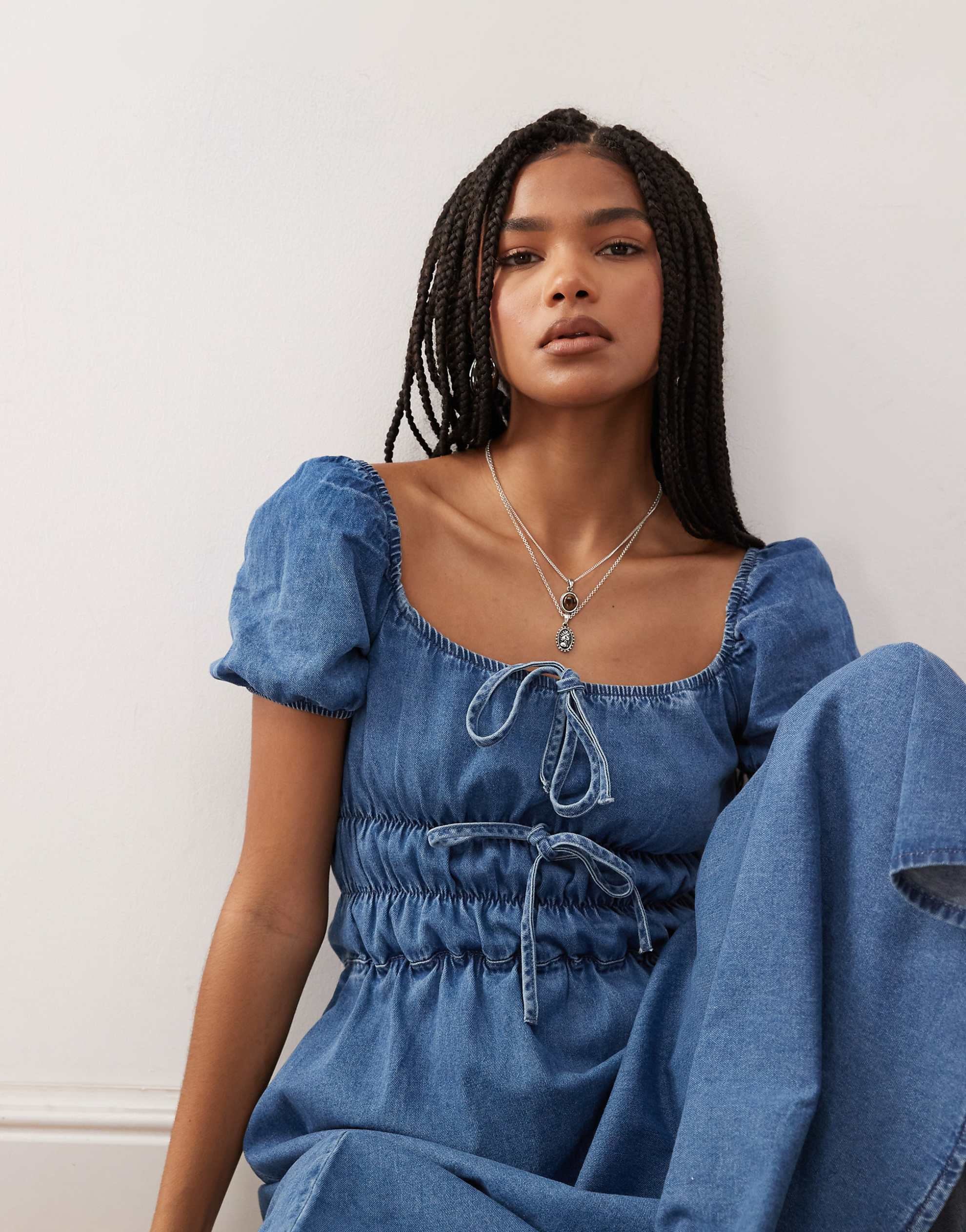 Reclaimed Vintage chambray denim midi dress shirring details mid blue