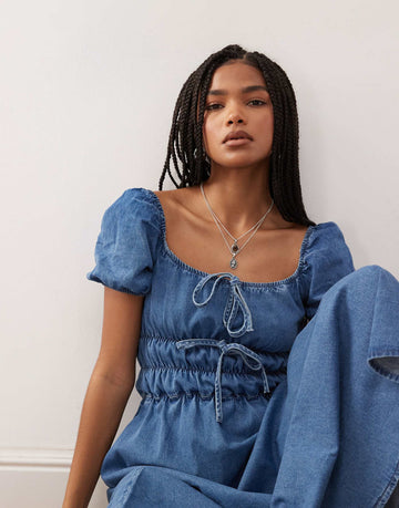 Reclaimed Vintage chambray denim midi dress shirring details mid blue