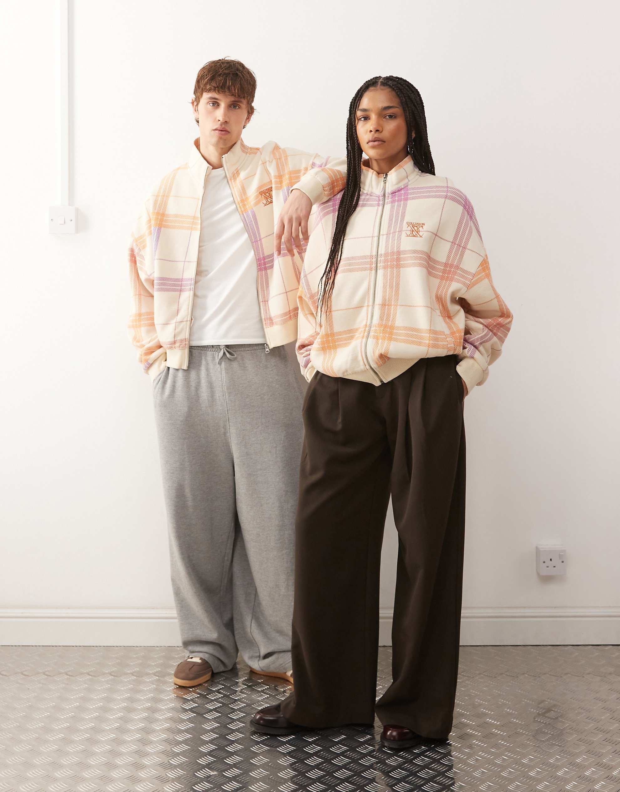 COLLUSION Unisex boxy track sweat jacket check