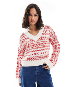 DESIGN v neck slogan jumper fairlise pattern red cream