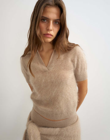 Knitted mix and match brushed pure cashmere premium polo top  neutral