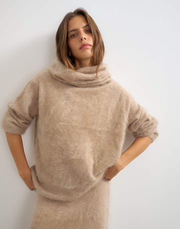 Knitted mix and match brushed pure cashmere premium deep funnel neck jumper neutral
