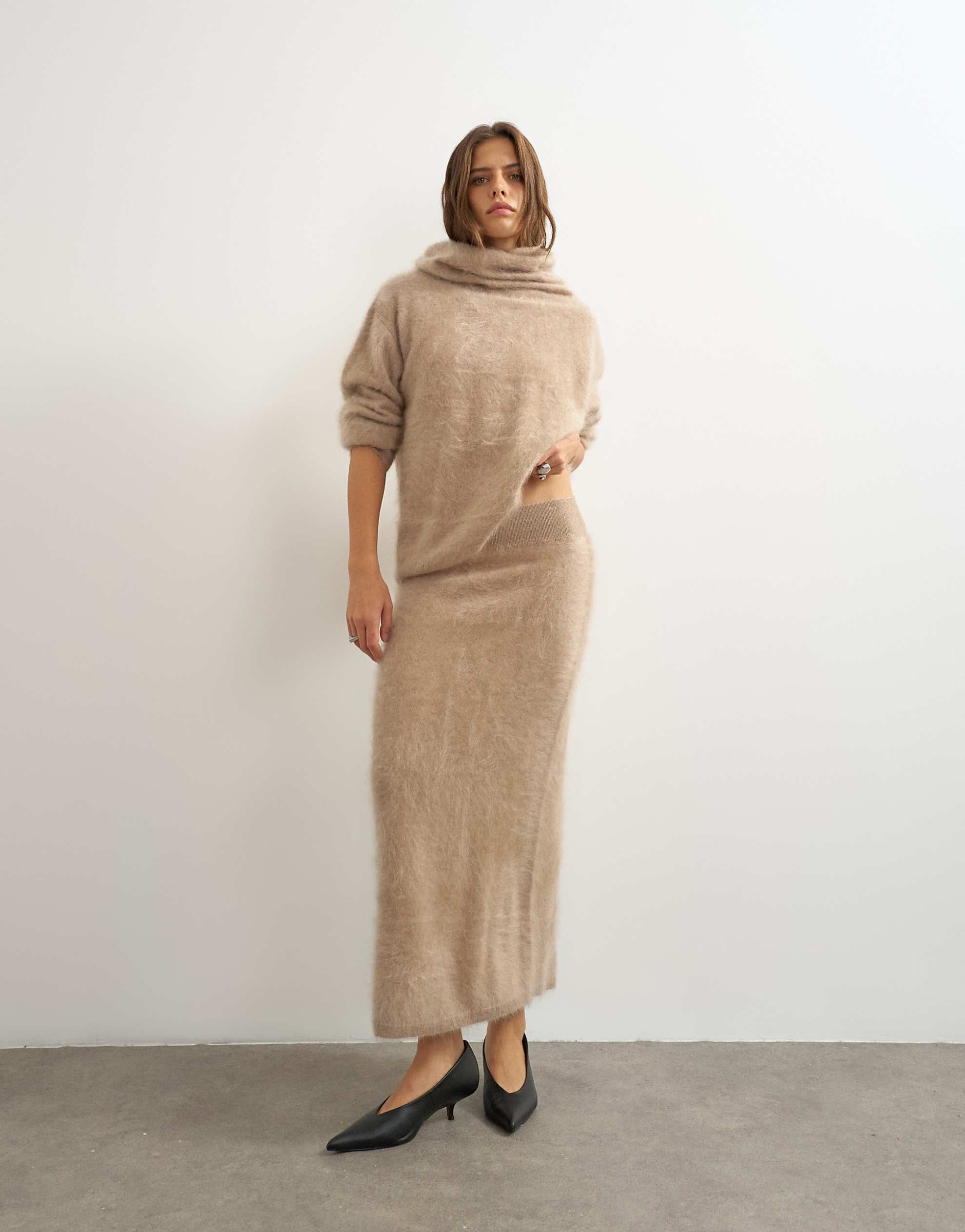Knitted mix and match brushed pure cashmere premium deep funnel neck jumper neutral
