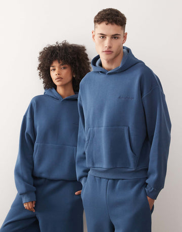 Reclaimed Vintage unisex heavyweight boxy hoodie co-ord navy blue