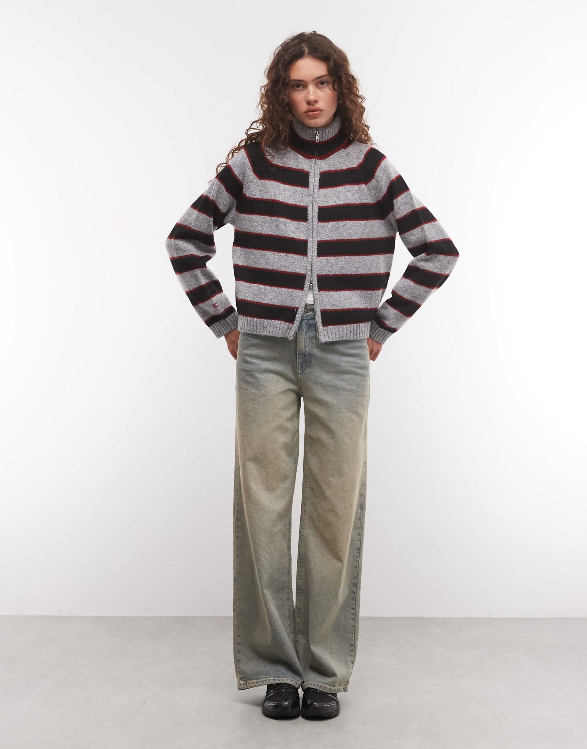 COLLUSION funnel neck zip through jumper in grey & black stripe