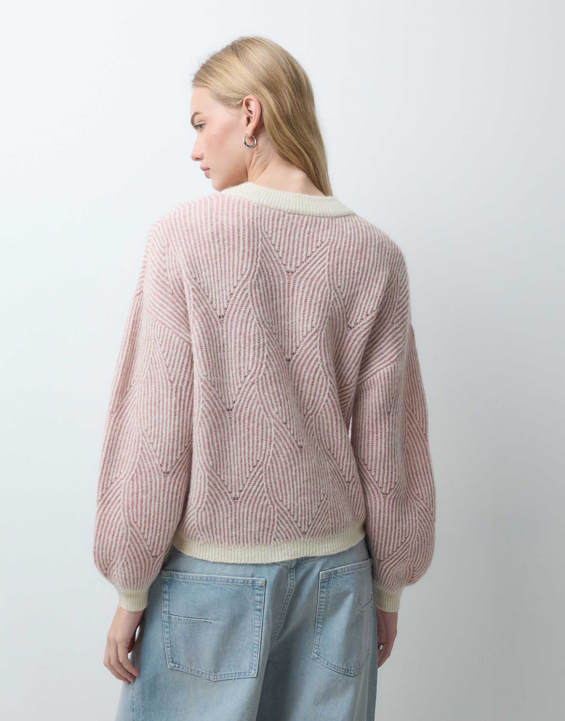 Pieces textured detail knit jumper contrast pink cream
