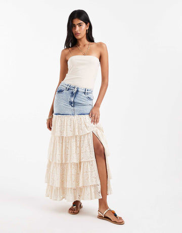 Miss Selfridge lace contrast denim maxi skirt mid blue wash