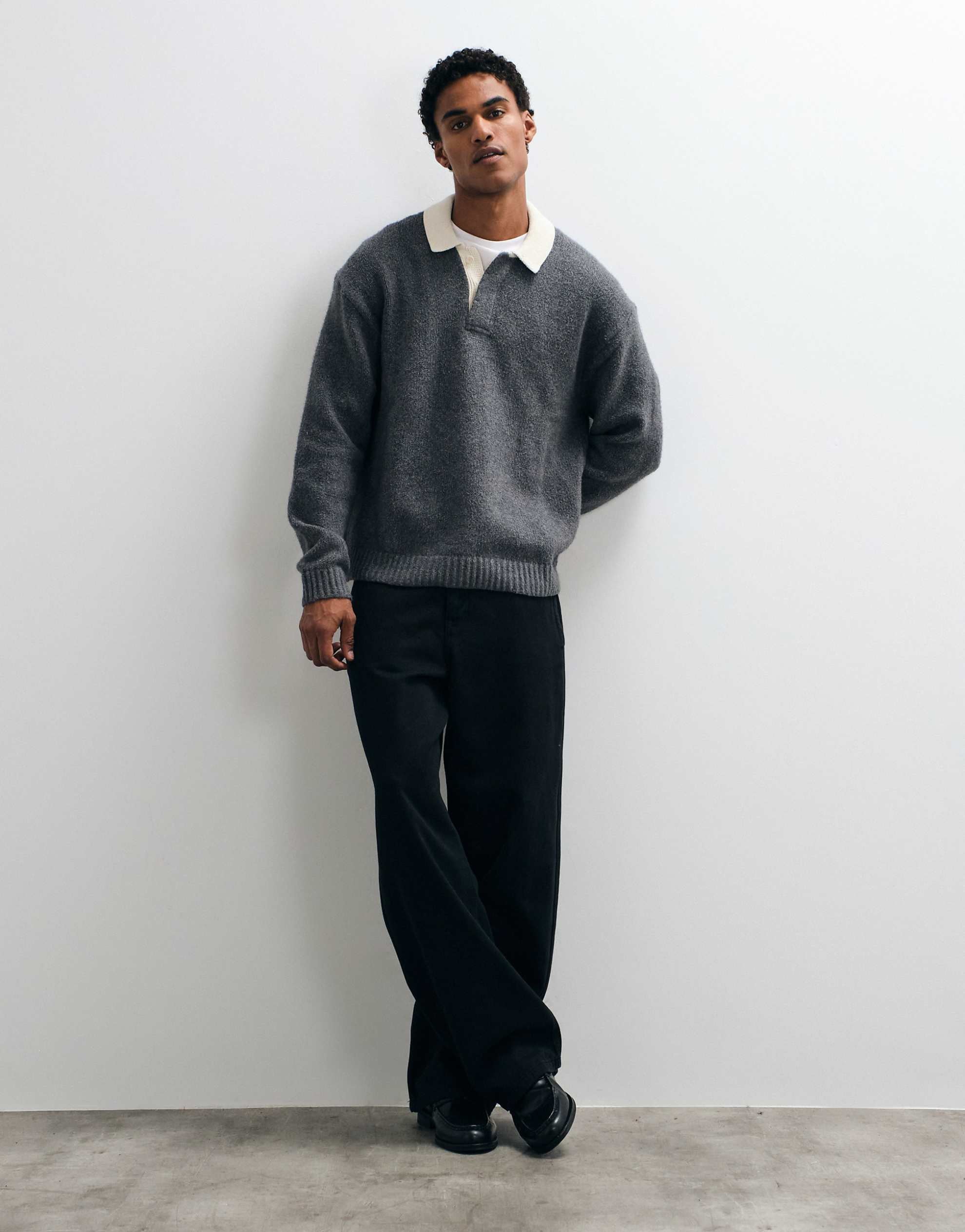 Abercrombie & Fitch knitted button up polo jumper contrast collar grey