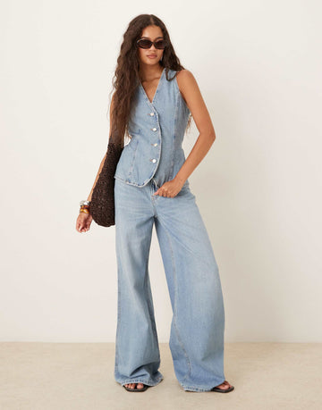 Denim seamed waistcoat wide leg jean co-ord light wash blue
