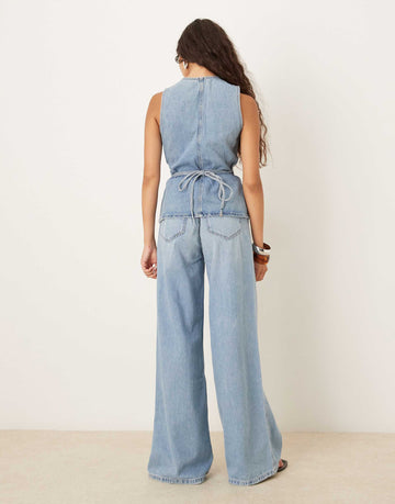 Denim seamed waistcoat wide leg jean co-ord light wash blue