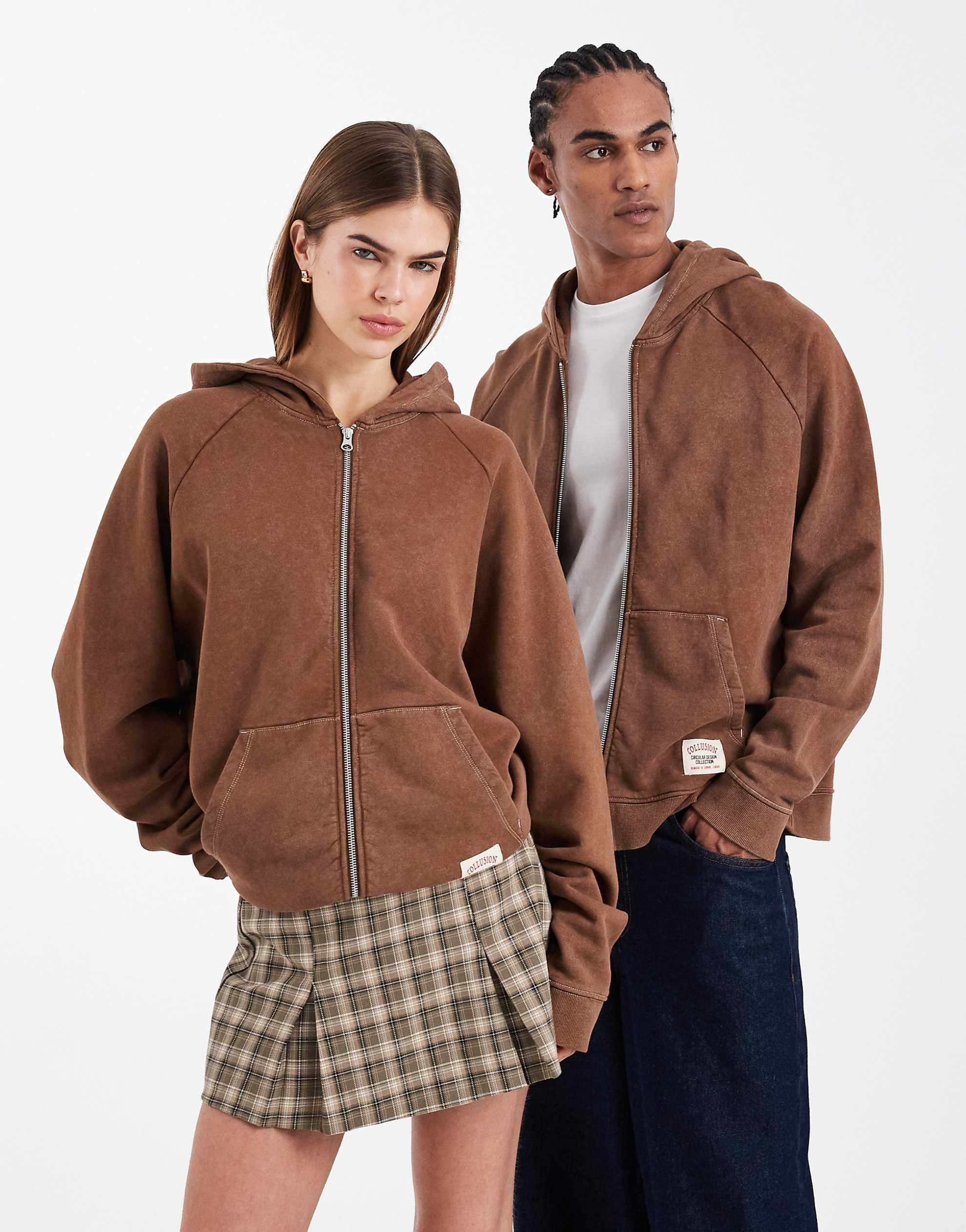 COLLUSION Circular Design Collection Unisex heavyweight boxy zip hoodie washed brown - BROWN